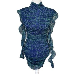 Capsulle Blue Green Front Zip High Neck Bodycon Mini Dress NWT Size Large